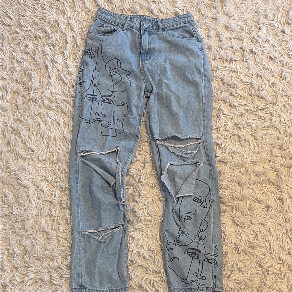 Abstract Face Embroidered Denim Jeans